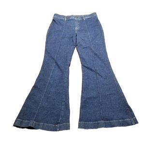 Spanx Seam Front Wide Leg Jeans Women's Large Stretch Dark Blue Denim (32x31.5)